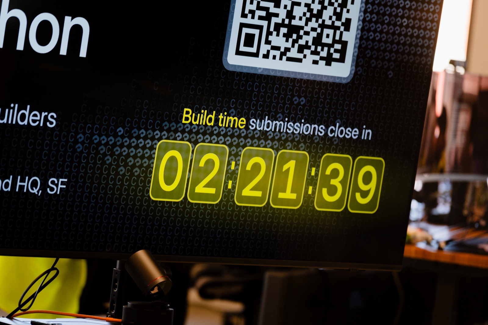 Countdown clock on the venue screen during the Profound hackathon event in San Francisco