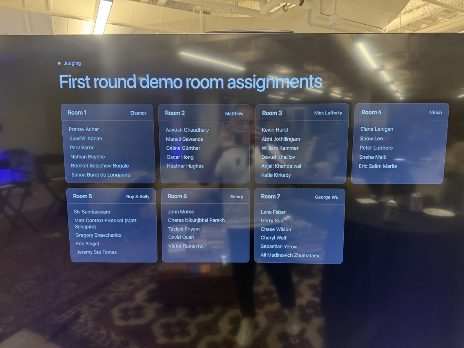 Venue screen listing demo room assignments, Gregory Shevchenko in Room 5, Profound event
